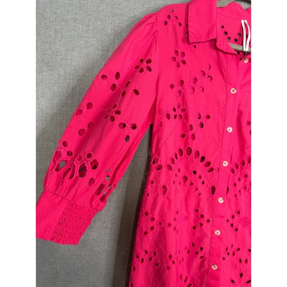 Anthropologie Shirt Dress Womens Medium Pink Button Up Eyelet Puff Sleeve Boho